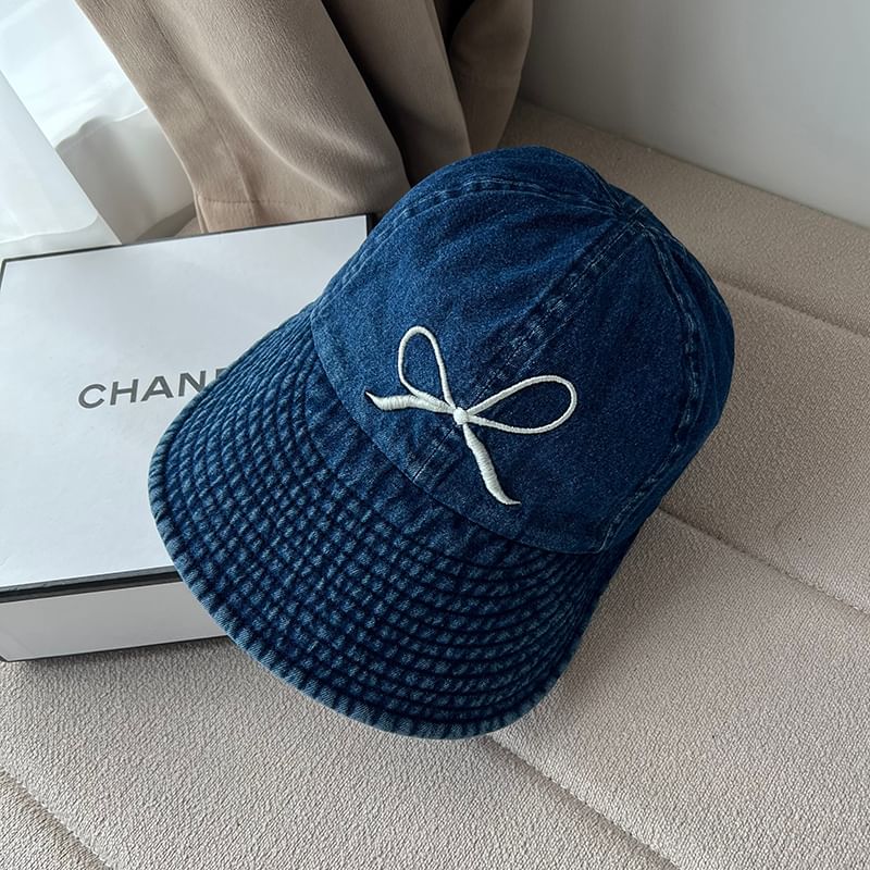 Cap Bow Denim Wide Embroidered Brim Washed