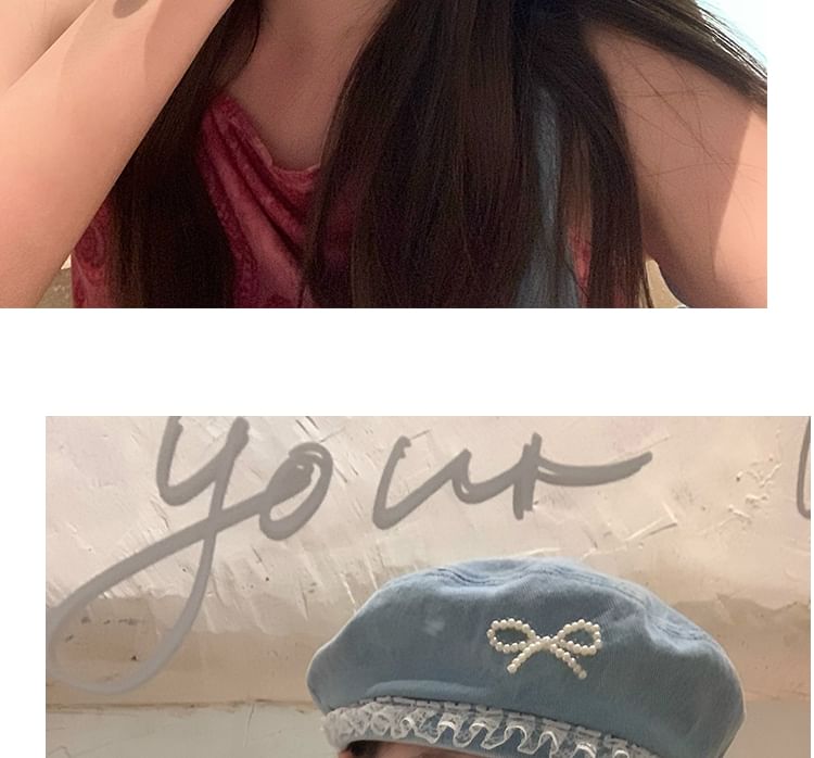 Trim Bow Beret Lace Denim Faux Pearl