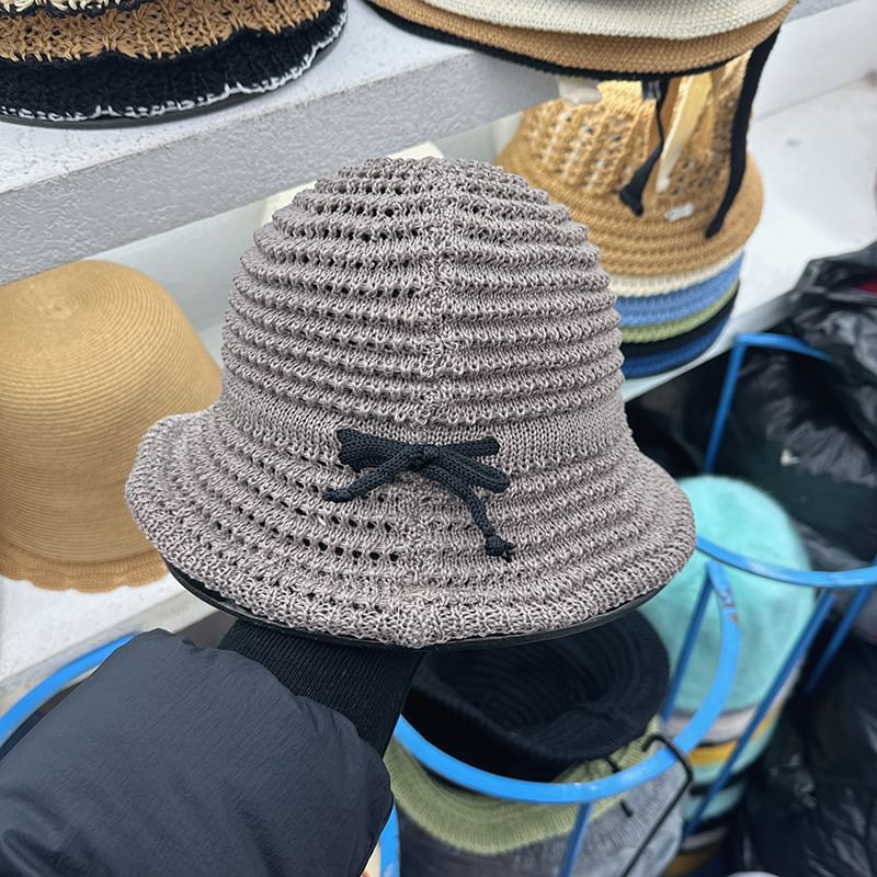 Bow Perforated Bucket Hat Knit