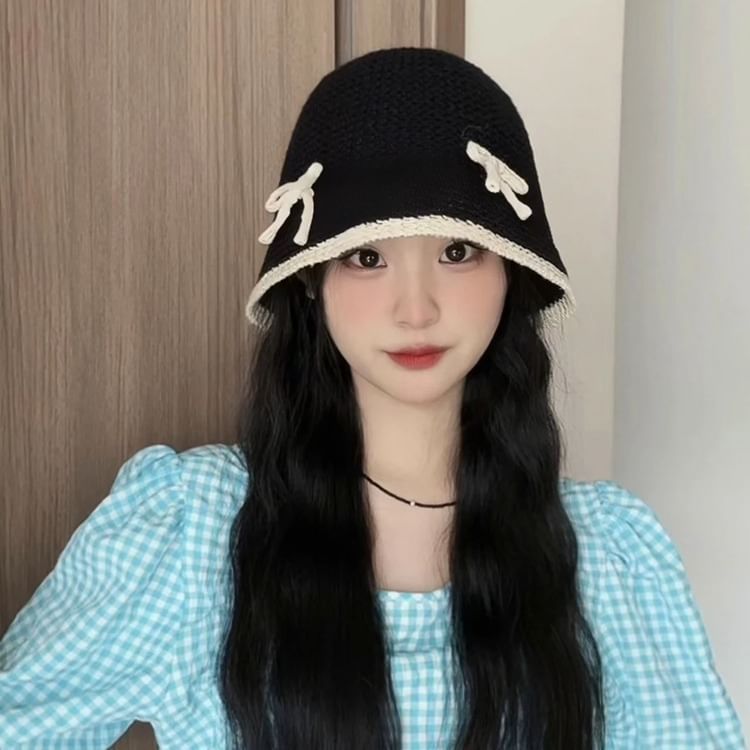 Cloche Bow Trim Contrast Knit Hat