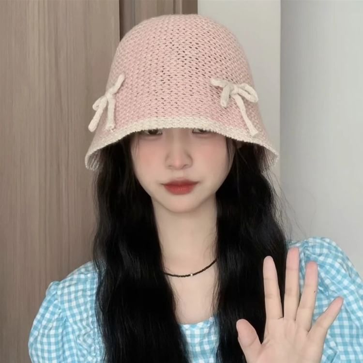 Cloche Bow Trim Contrast Knit Hat