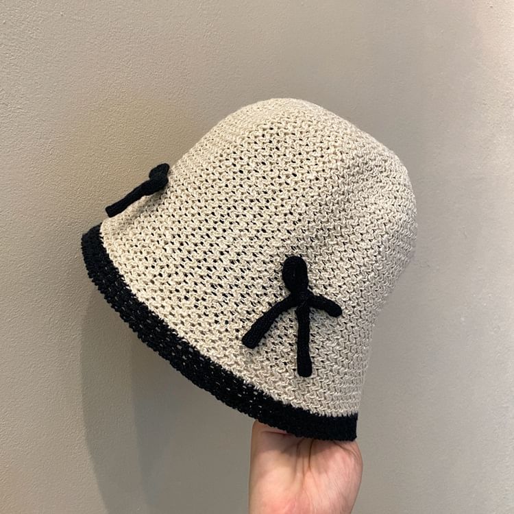 Cloche Bow Trim Contrast Knit Hat