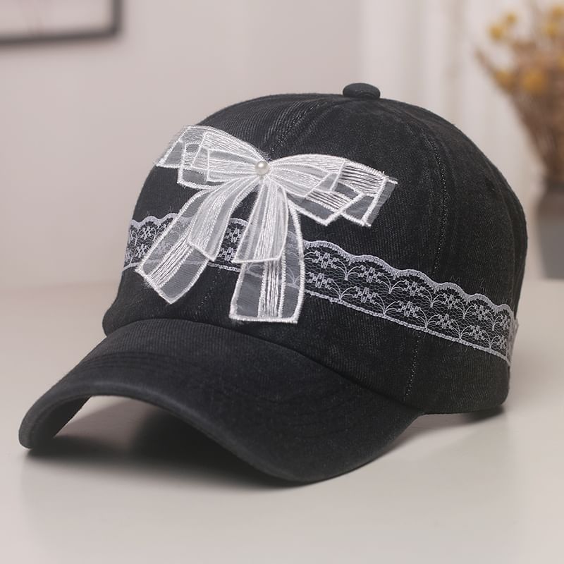 Denim Bow Cap Trim Pearl Lace Faux Baseball