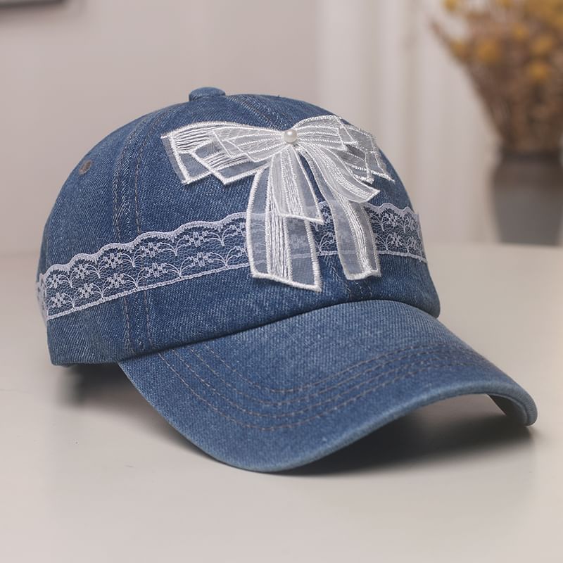 Denim Bow Cap Trim Pearl Lace Faux Baseball