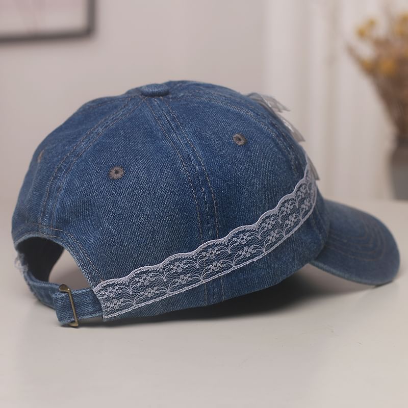Denim Bow Cap Trim Pearl Lace Faux Baseball