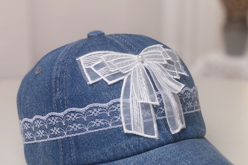 Denim Bow Cap Trim Pearl Lace Faux Baseball