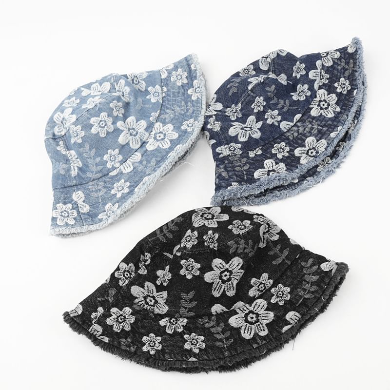 Bucket Print Floral Frayed Denim Hat Washed
