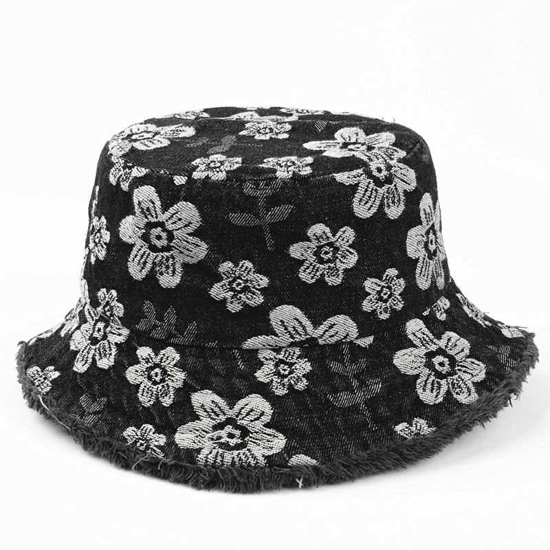 Bucket Print Floral Frayed Denim Hat Washed