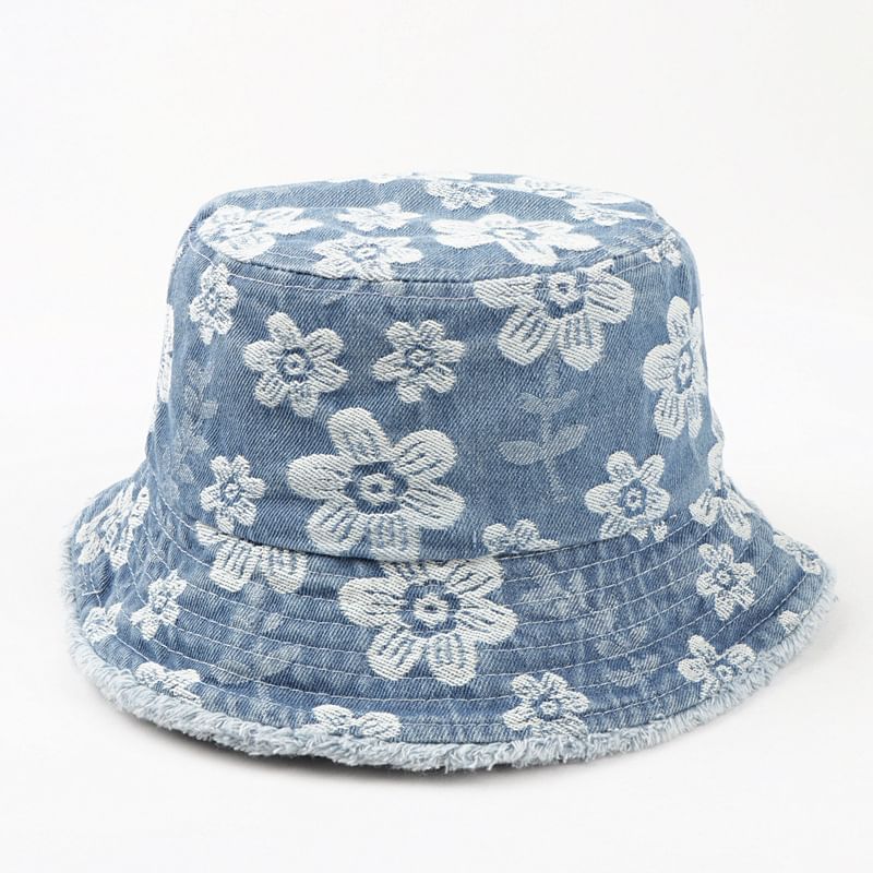 Bucket Print Floral Frayed Denim Hat Washed
