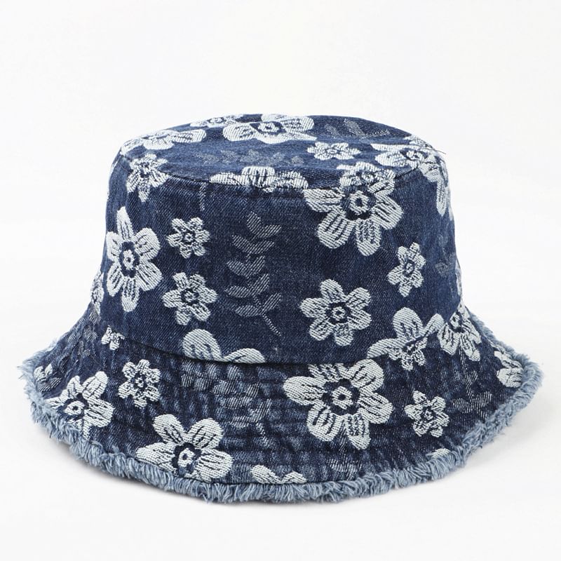 Bucket Print Floral Frayed Denim Hat Washed