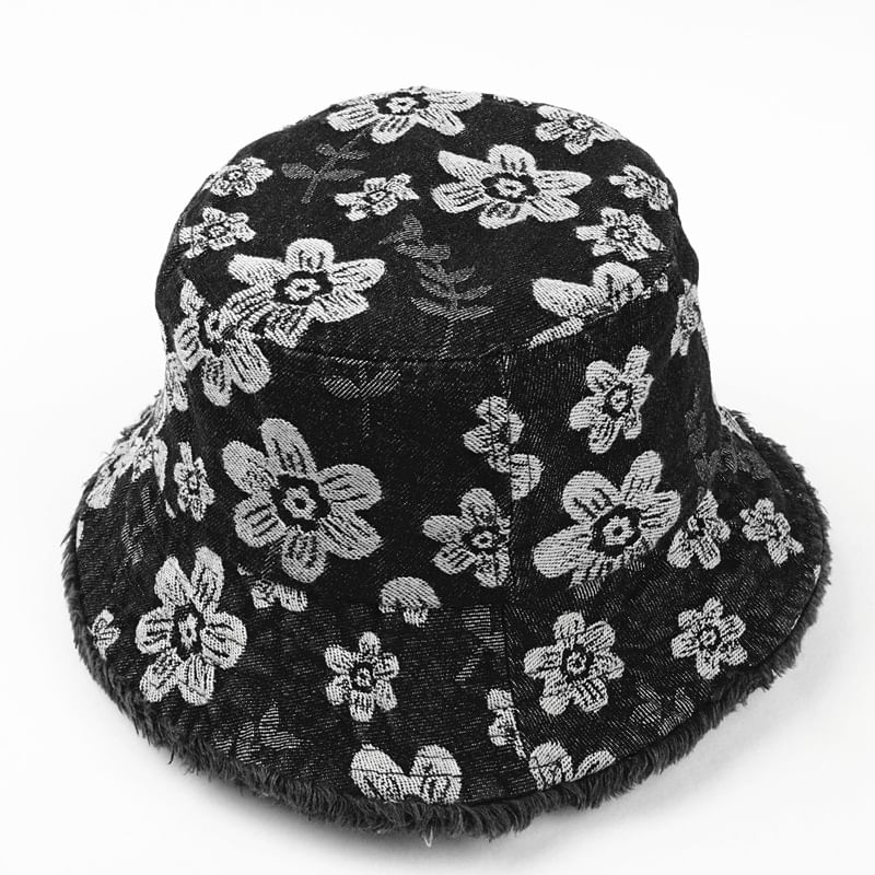 Bucket Print Floral Frayed Denim Hat Washed