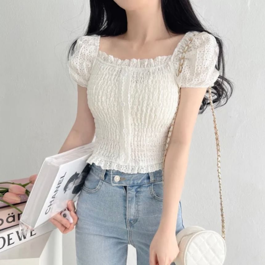 Short-Sleeve Square Neck Plain Ruched Top