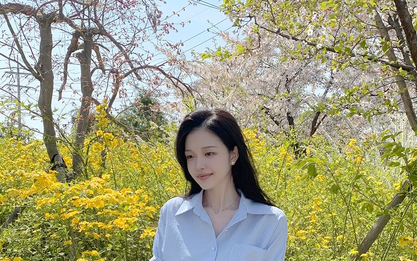 Short-Sleeve Collared Pinstriped Mini Shirt Dress