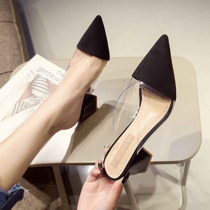 Panel Mules Transparent Toe Block Heel Pointed
