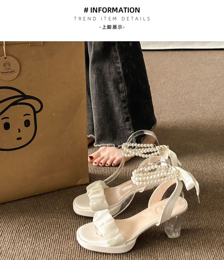 Faux Platform Strap Heel Pearl Ankle Tie-Up Sandals Block