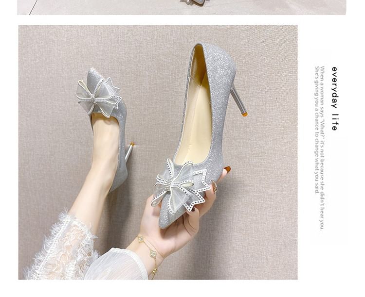 Rhinestone Toe Stiletto Bow Pumps Glitter Pointed