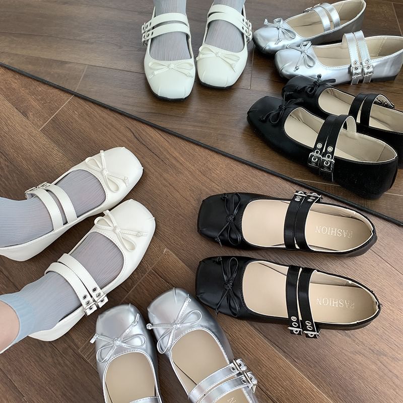 Flats Mary Bow Leather Toe Jane Square Faux Plain Accent