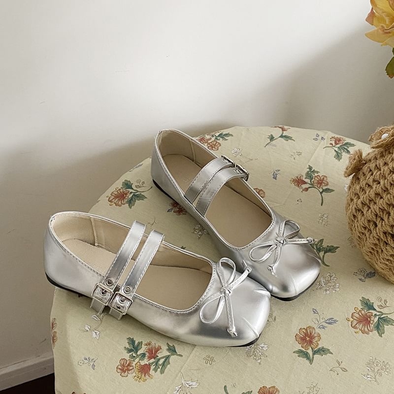 Flats Mary Bow Leather Toe Jane Square Faux Plain Accent