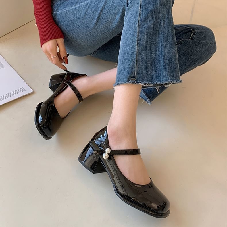 Pumps Pearl Mary Jane Block Heel Faux