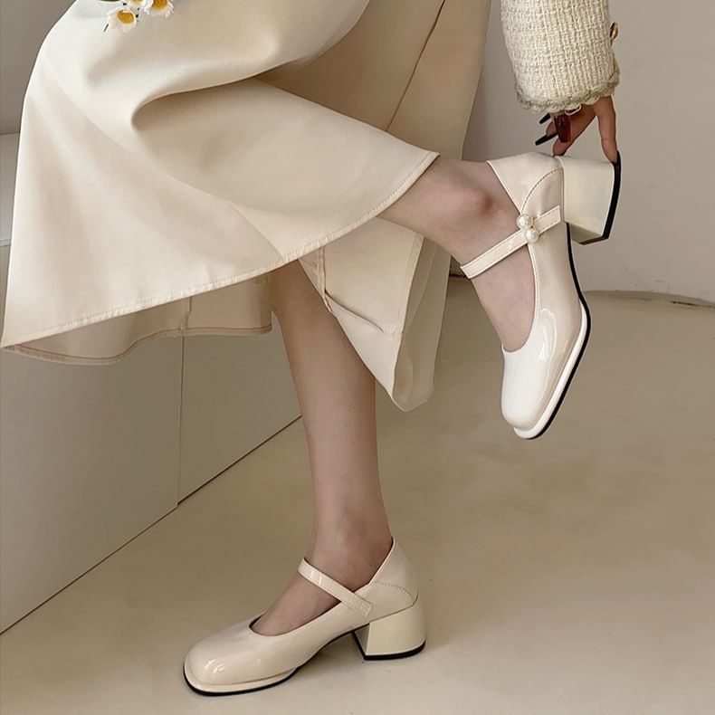 Pumps Pearl Mary Jane Block Heel Faux