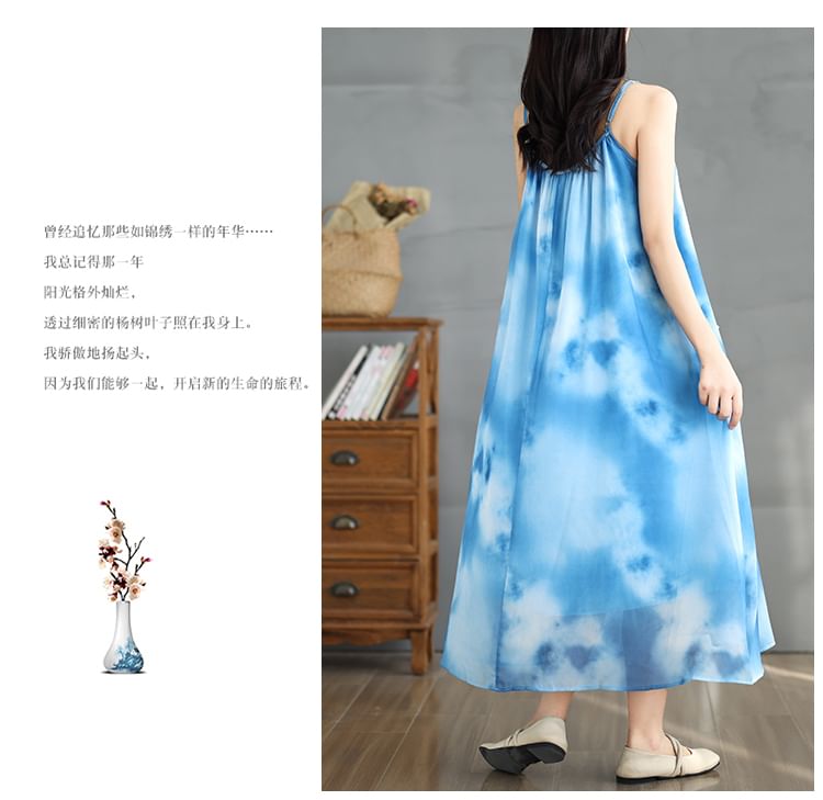 Spaghetti Strap Tie Dye Butterfly Detail Gathered Maxi A-Line Dress