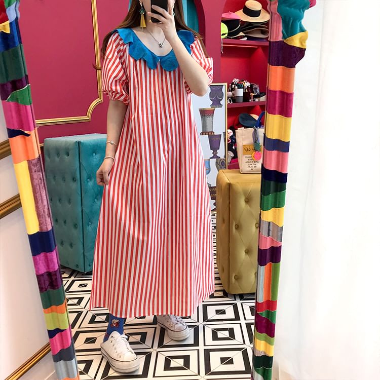 Short-Sleeve Ruffle Striped Maxi A-Line Dress