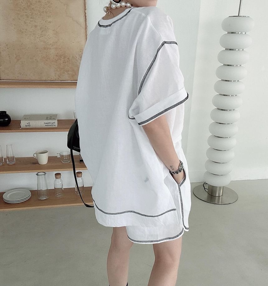 Set: Elbow-Sleeve Crewneck Plain T-Shirt + Shorts
