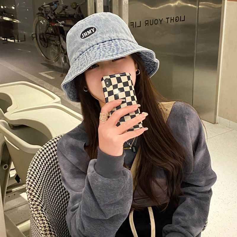 Embroidered Lettering Denim Bucket Hat Washed
