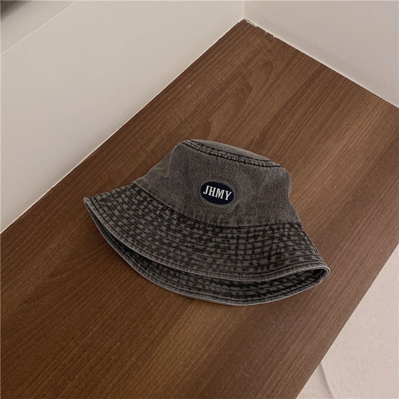 Embroidered Lettering Denim Bucket Hat Washed