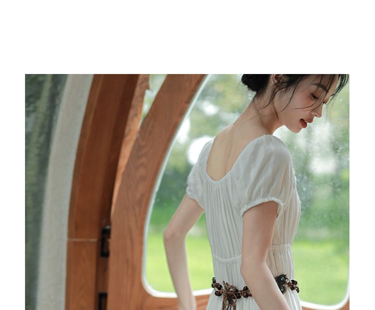 Crew Neck Short-Sleeve Solid A-Line Maxi Dress