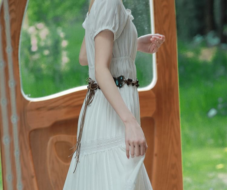 Crew Neck Short-Sleeve Solid A-Line Maxi Dress