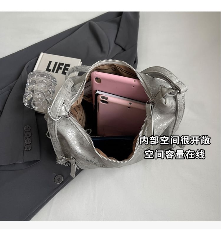 Backpack Plain Zipped Leather Chain Strap Faux