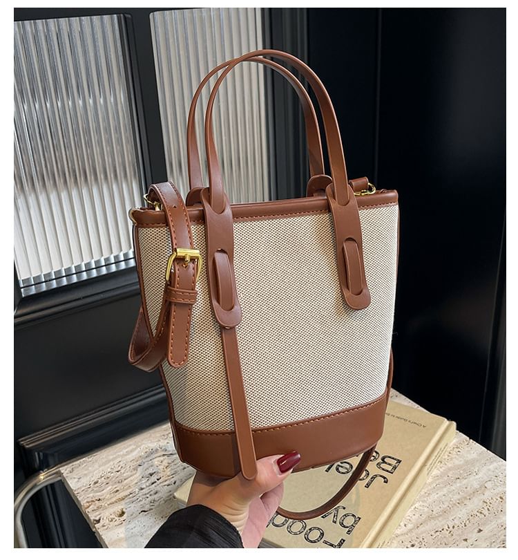 Bucket Leather Two Bag Faux Canvas Panel Tone