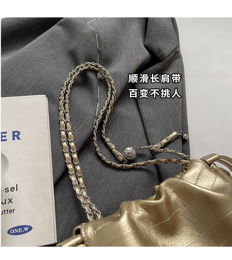 Drawstring Crossbody Chain Bag Leather Faux Strap