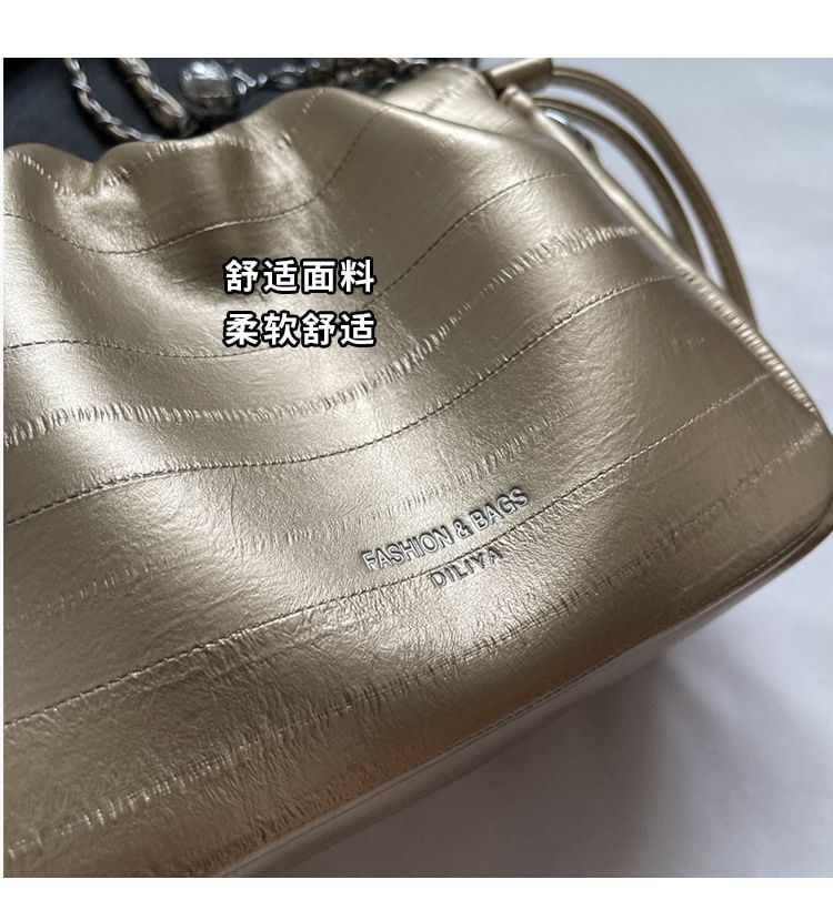 Drawstring Crossbody Chain Bag Leather Faux Strap