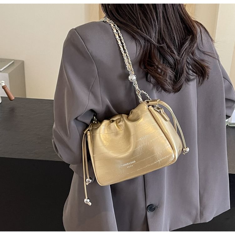 Drawstring Crossbody Chain Bag Leather Faux Strap