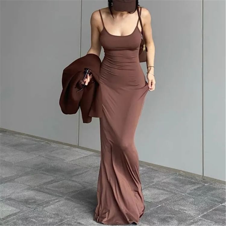 Scoop Neck Spaghetti Strap Solid Mermaid Maxi Dress