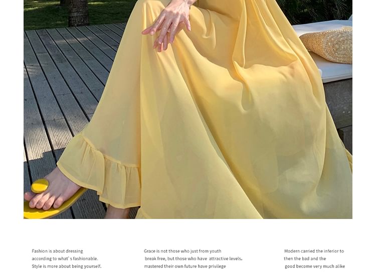 Spaghetti Strap Plain Ruffle Trim Maxi A