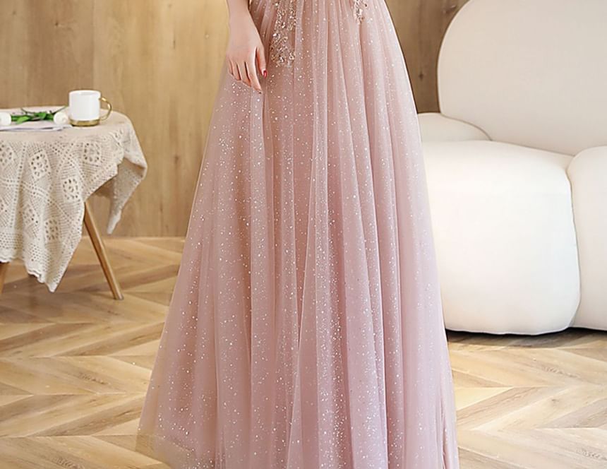 (Various A-Line Short-Sleeve Evening Designs) Rhinestone Gown Mesh