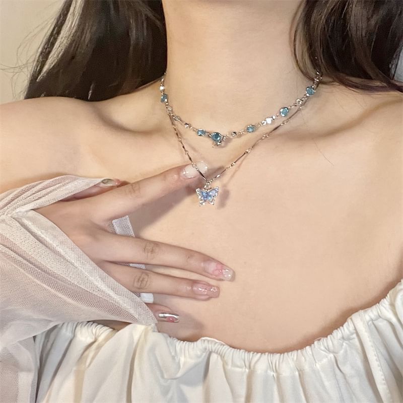 Necklace Crystal Butterfly Choker + Pendant Faux Alloy Set: