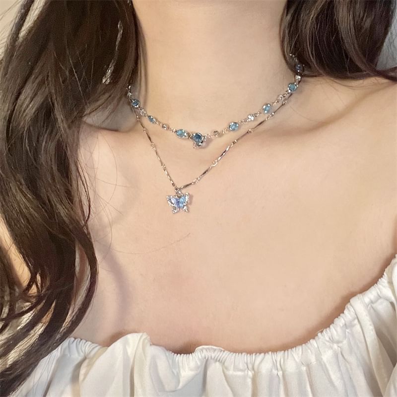 Necklace Crystal Butterfly Choker + Pendant Faux Alloy Set: