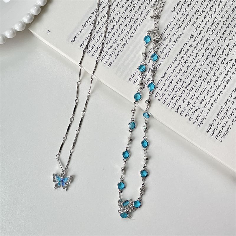 Necklace Crystal Butterfly Choker + Pendant Faux Alloy Set: