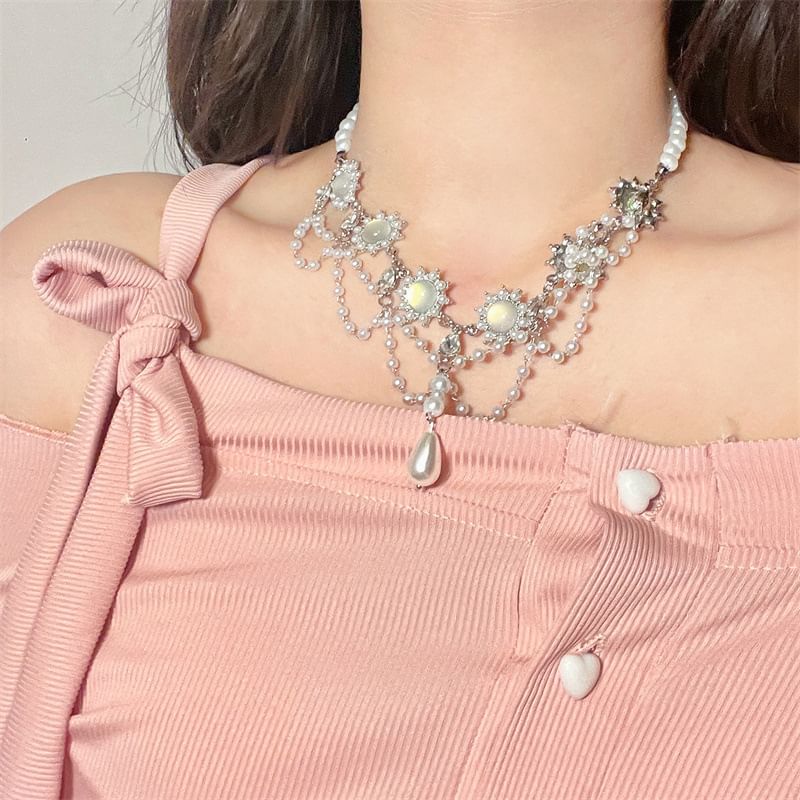 Alloy Choker Faux Pearl Layered