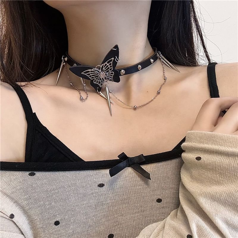 Faux / Butterfly Alloy Leather Studded Choker