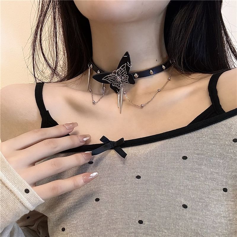 Faux / Butterfly Alloy Leather Studded Choker