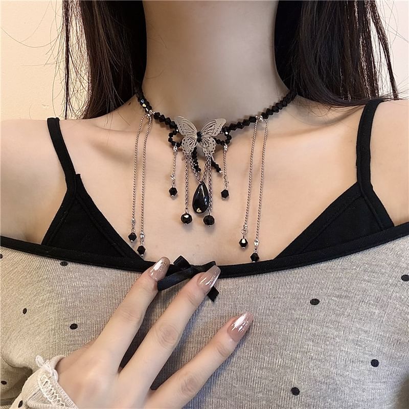 Faux / Butterfly Alloy Leather Studded Choker
