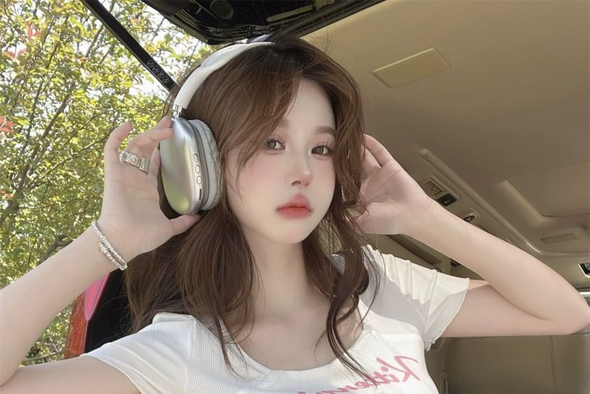 Print Neck Short-Sleeve Cartoon Lettering Square Tee