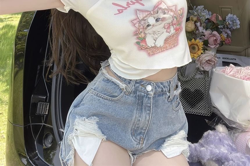 Print Neck Short-Sleeve Cartoon Lettering Square Tee