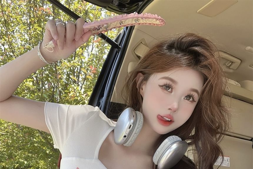 Print Neck Short-Sleeve Cartoon Lettering Square Tee