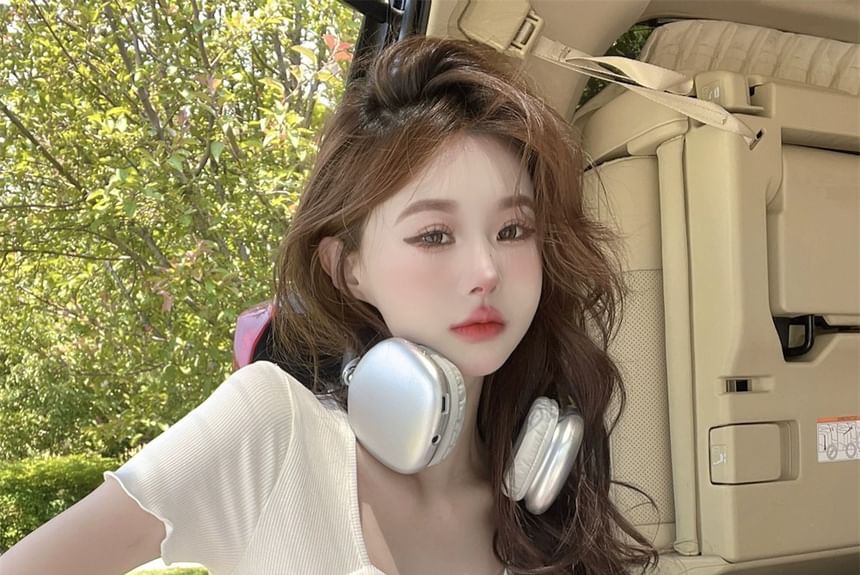 Print Neck Short-Sleeve Cartoon Lettering Square Tee